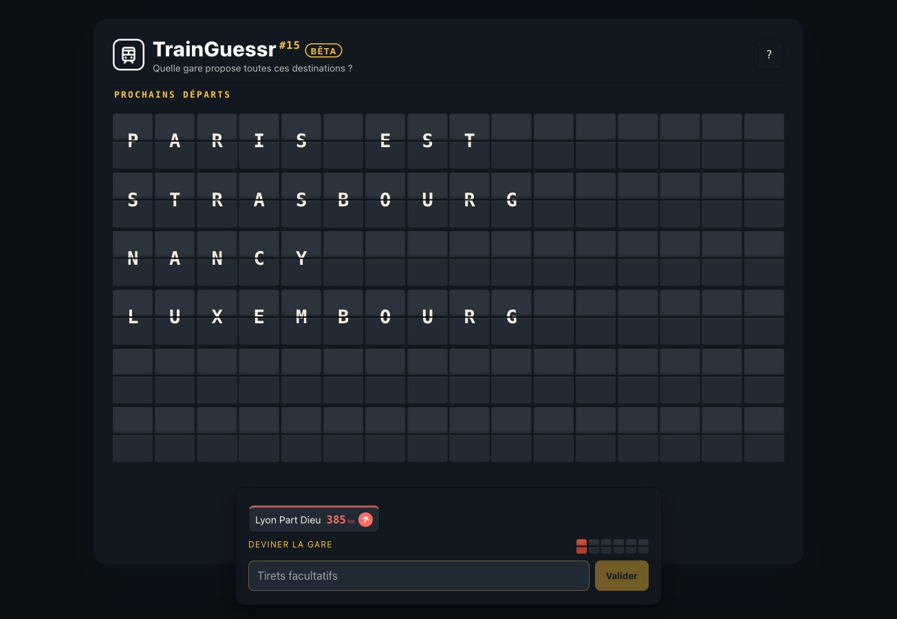 Une partie de TrainGuessr : le tableau split-flap affiche les destinations Paris Est, Strasbourg, Nancy et Luxembourg ; en bas, un essai « Lyon Part-Dieu » signalé à 385 km.